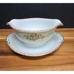 National China Red Scroll Edge Floral Cream Fruit Gravy Boat And Attached Plate